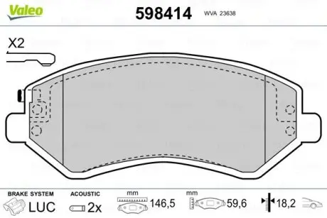 Гальмівні колодки, дискове гальмо (набір) Valeo 598414
