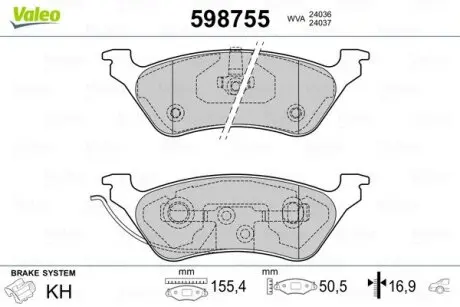 Гальмівні колодки, дискове гальмо (набір) Valeo 598755