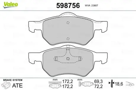 Гальмівні колодки, дискове гальмо (набір) Valeo 598756